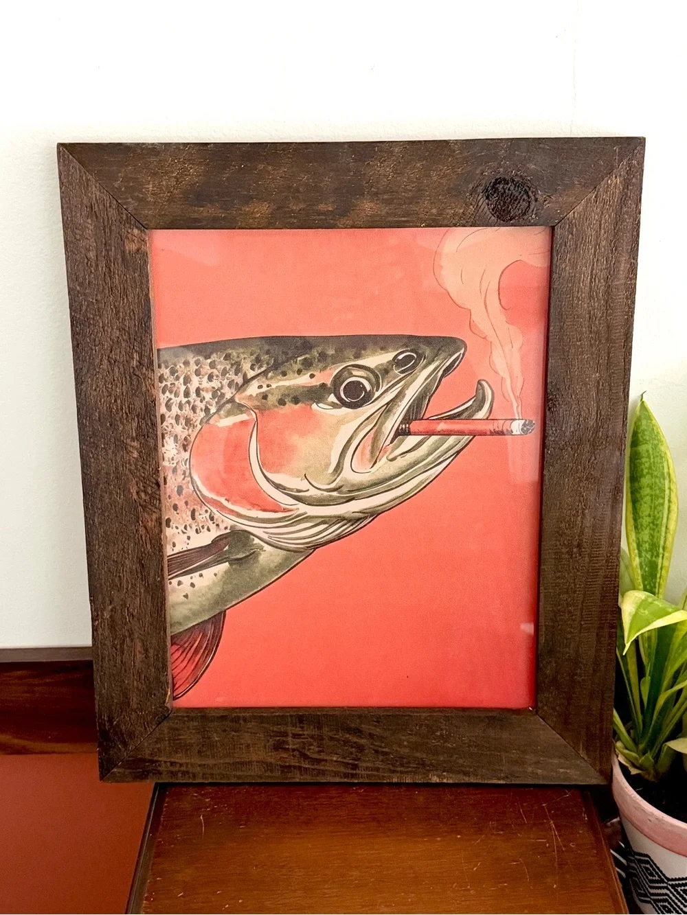 Trout Fish Smoking a Cigarette Vintage Style Canvas Wall Art Print Wood Framed